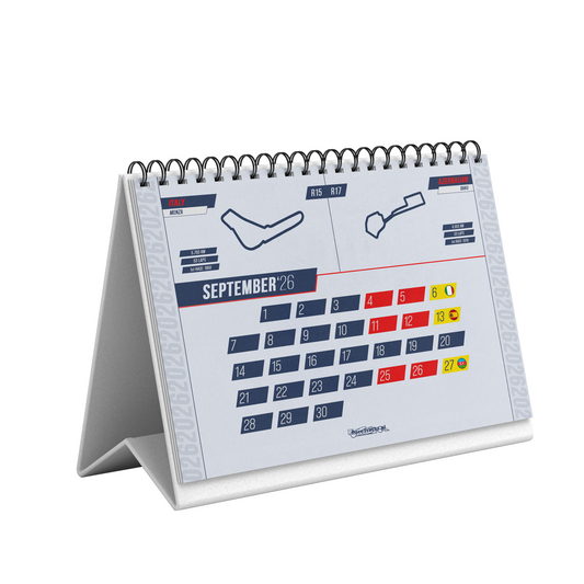 Desk Calendar F1 2026 A5 – Formula 1 season schedule with race tracks