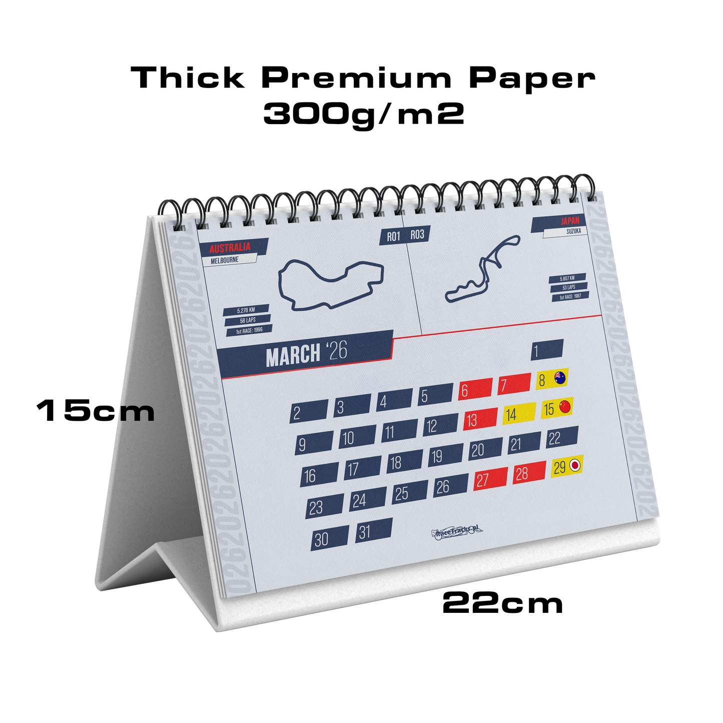 Desk Calendar F1 2026 A5 – Formula 1 season schedule with race tracks