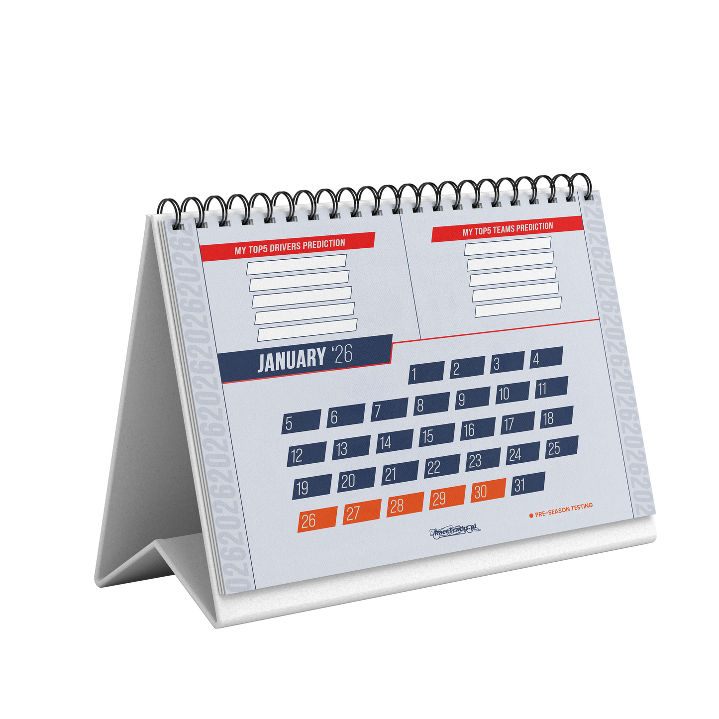 Desk Calendar F1 2026 A5 – Formula 1 season schedule with race tracks